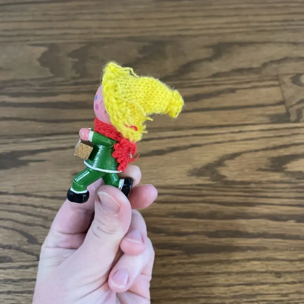 Vintage Miniature Christmas Ornament Wooden Clowns & People Knit Hats Instrument